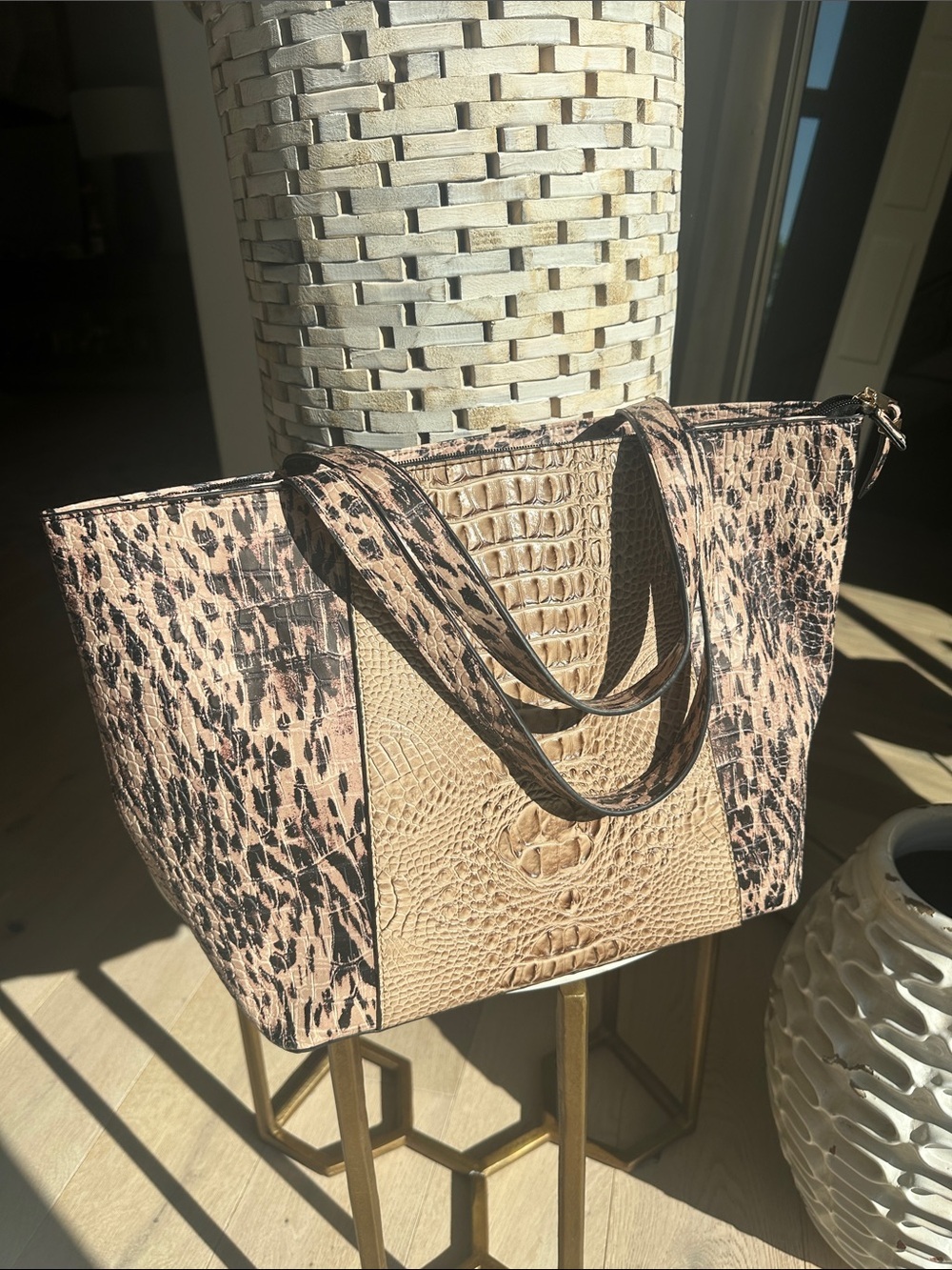 Leopard-Panel Croc-Embossed Tote in Blush/Tan